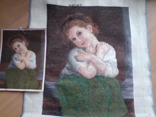 Cross-stitch Girl in Green Is a beautiful completed needlepoint picture, goblin, 